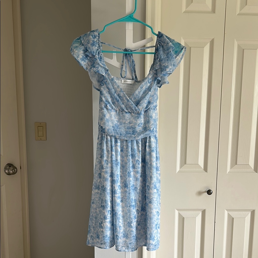 Altar’d State Blue Floral Dress with Ruffle Sleeves